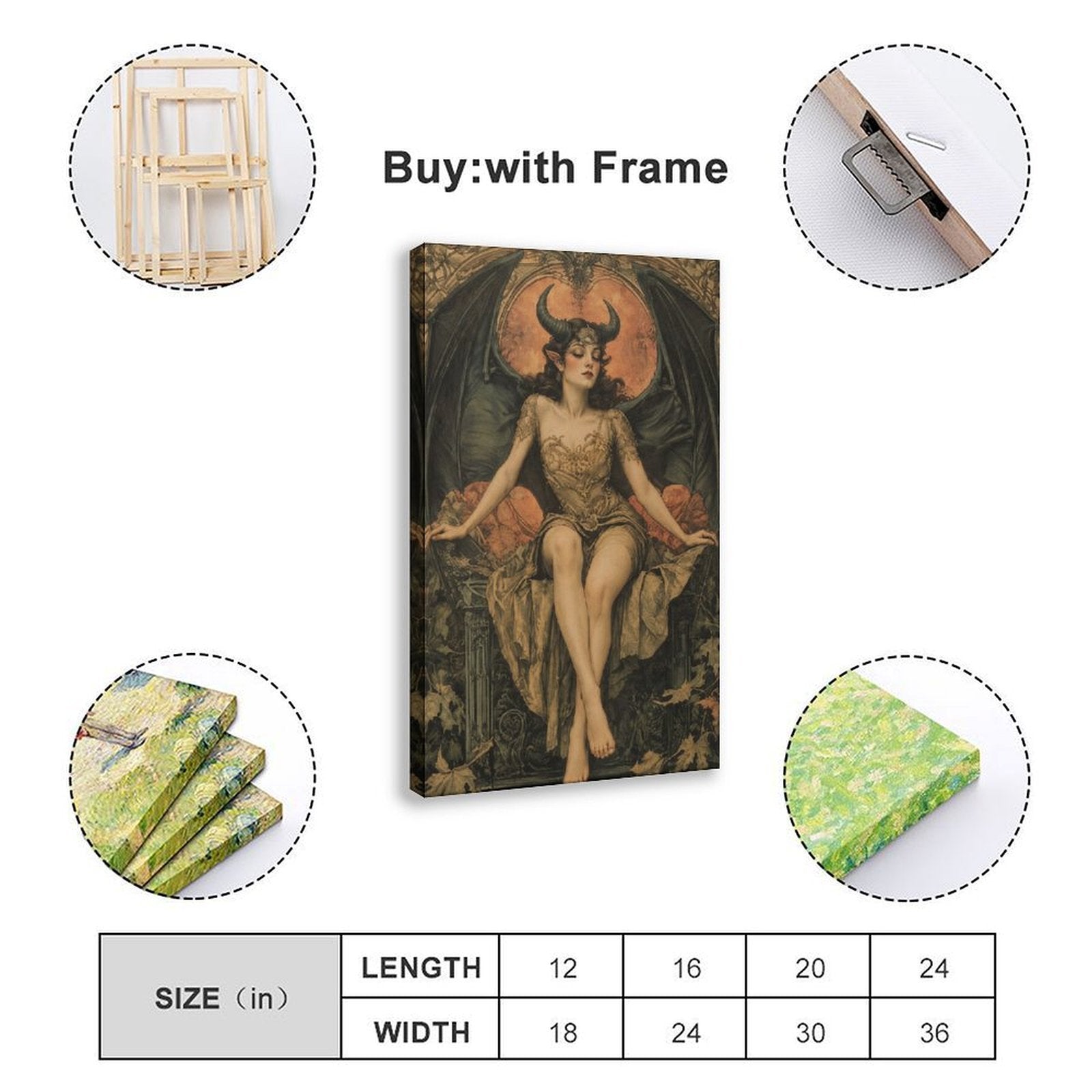 horned winged woman seated before a glowing moon in brown, black, burnt orange tones — Wrapped Canvas SIZE_GUIDE