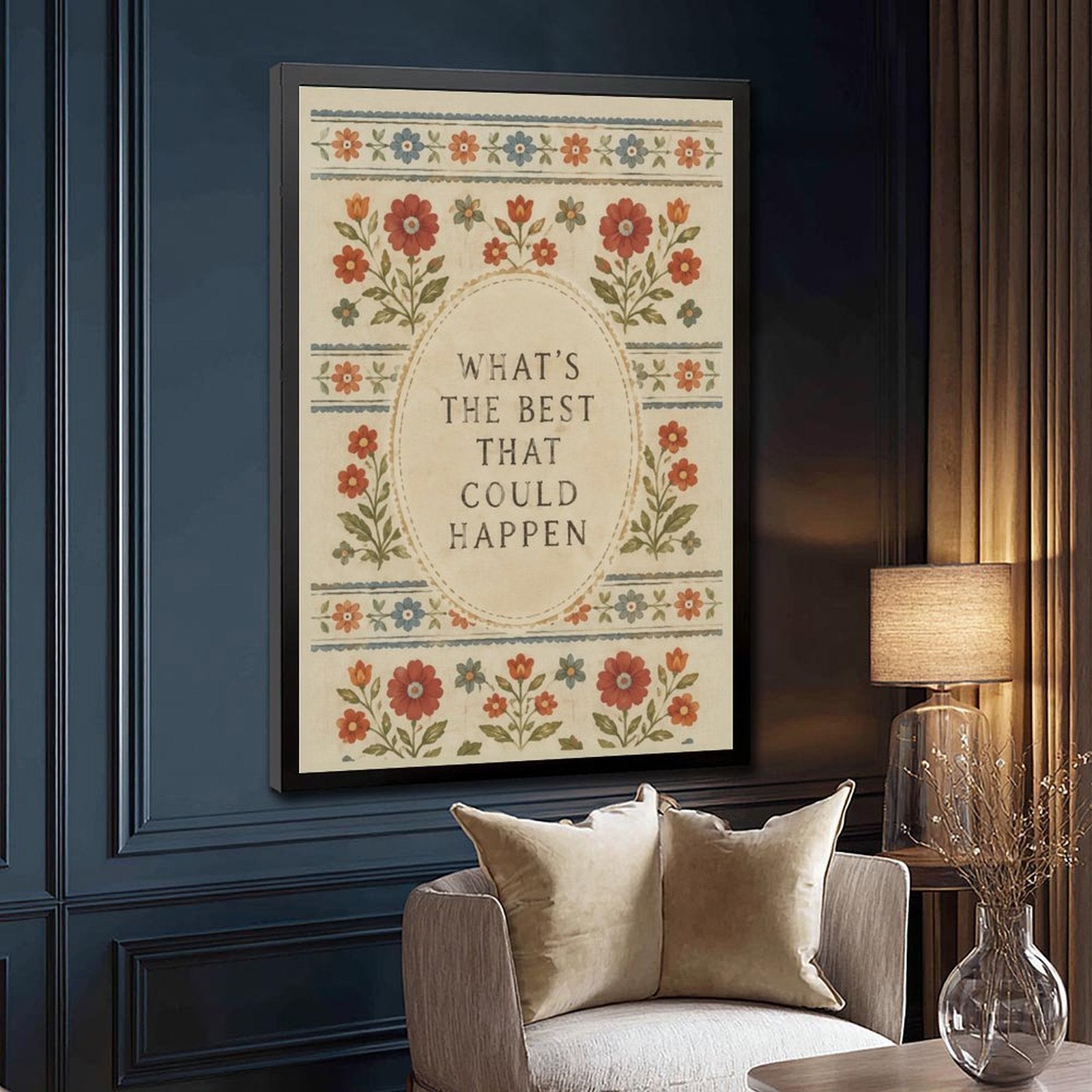 muted floral folk-art border around optimistic typography in rust, dusty blue, olive green tones — Black Frame SIDE_DETAIL