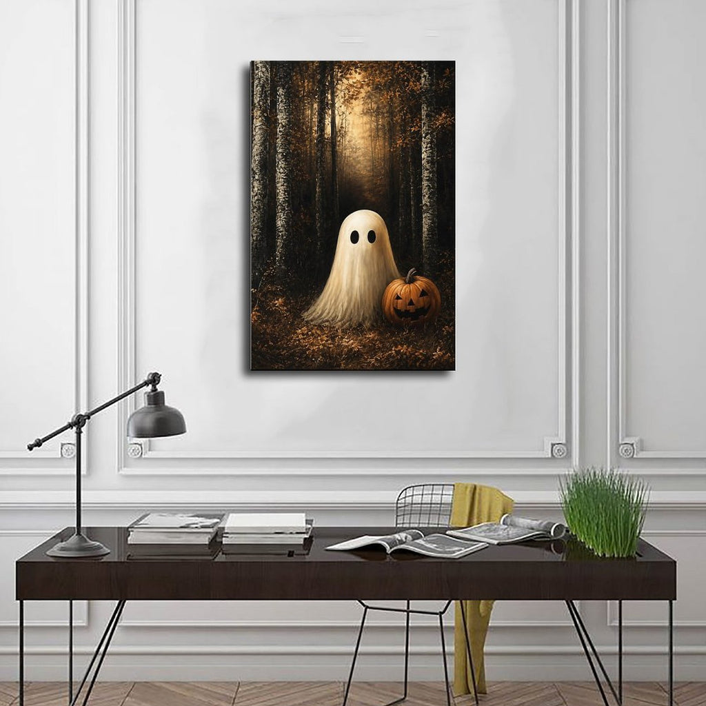 sheet ghost beside a carved pumpkin in an autumn forest in black, amber, cream tones — Wrapped Canvas SCENE_01