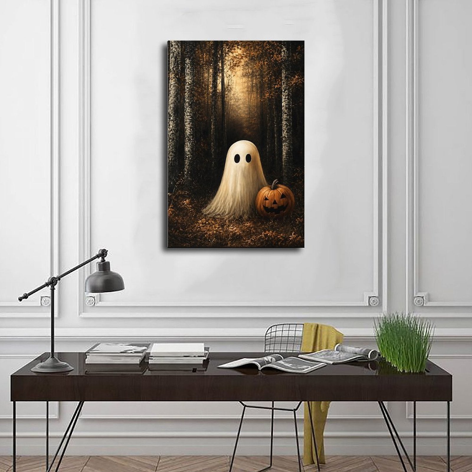 sheet ghost beside a carved pumpkin in an autumn forest in black, amber, cream tones — Wrapped Canvas SCENE_01